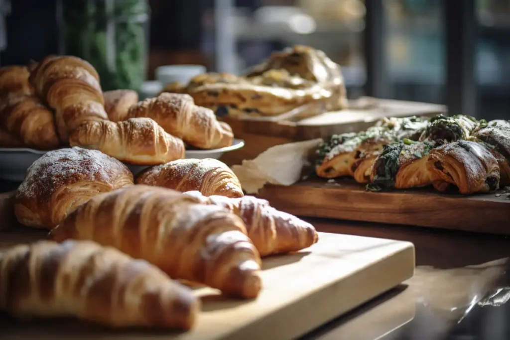Assorted croissants including almond, chocolate, and ham & cheese on a bakery counter